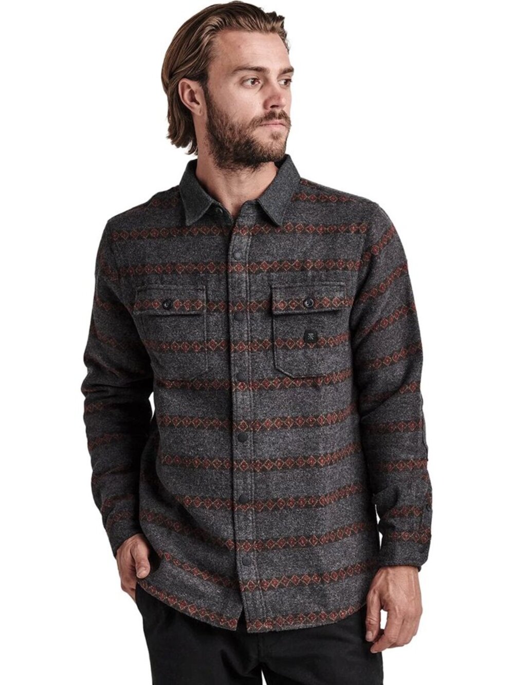 Roark Nordsman Flannel Shirt Jacket Shacket Gray Red Striped Wool Blend medium - Picture 2 of 9